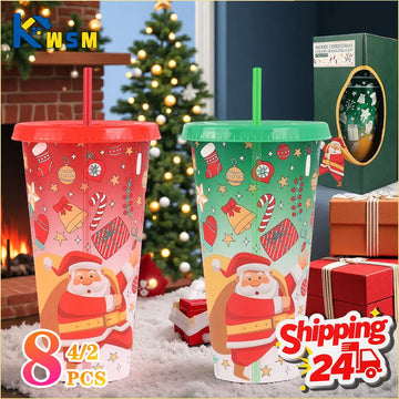 Christmas Color Changing Mugs Large Capacity Cold Feeling Cups with Straw Two Piece Father Christmas Coffee Tea Holiday Gift