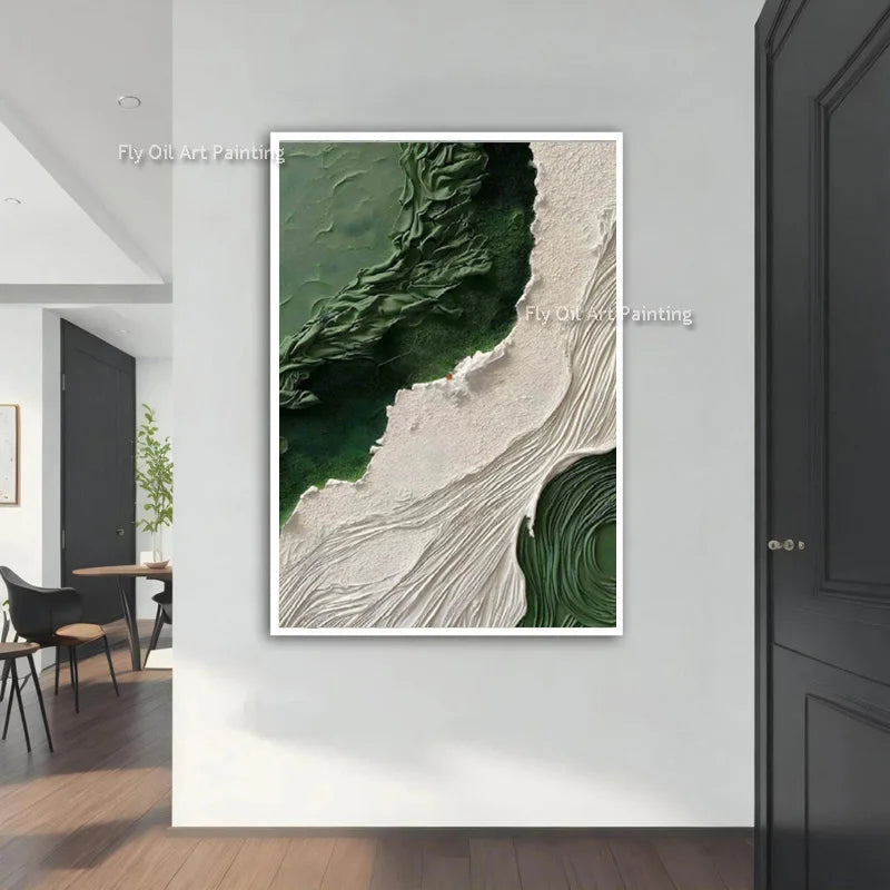 Simple Design Hand Drawn Brown And White Abstract Seawaves Thick Oil Painting On Canvas Green Beige Waves Wall Art For Decor