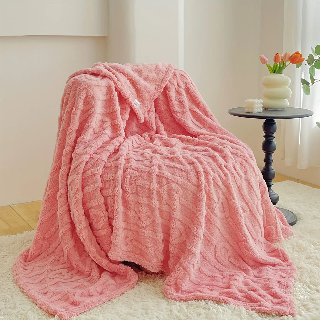 1pc Fashionably Simple Solid Color Double-sided Fleece Jacquard Heart Blanket, Suitable for both Bedroom and Living Room Use