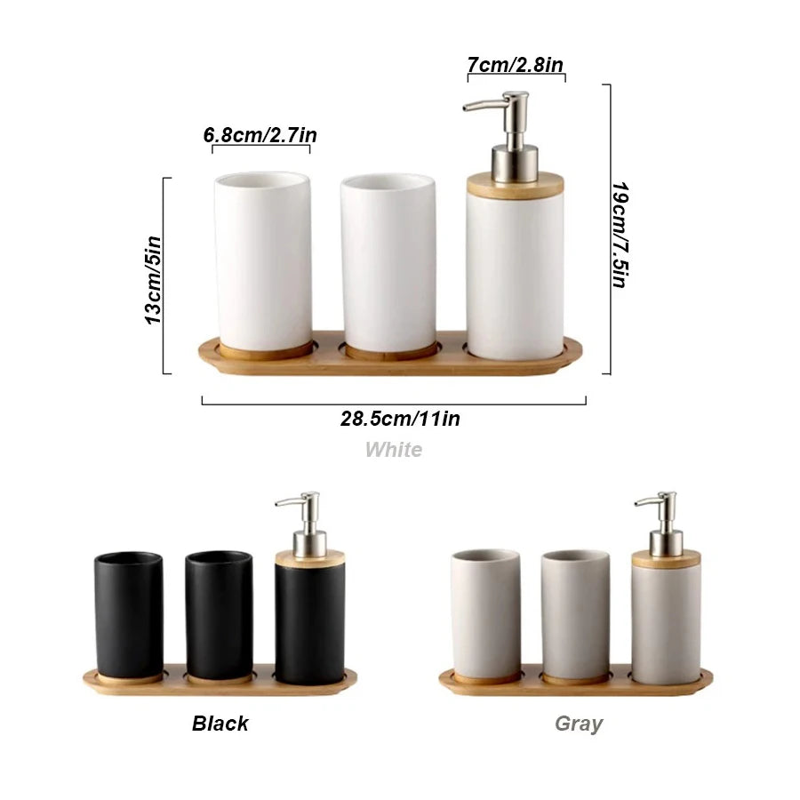 Ceramic Bathroom Accessories Set Toothbrush Holder Tumbler Soap Dispenser with Bamboo Tray Household Bathroom Decoration Kit