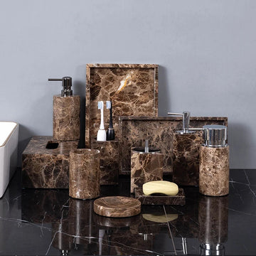 Emperador Dark Natural Marble Bathroom Set Brown Luxury Toothbrush Holder Soap Dish Soap Dispenser Bathroom Accessories
