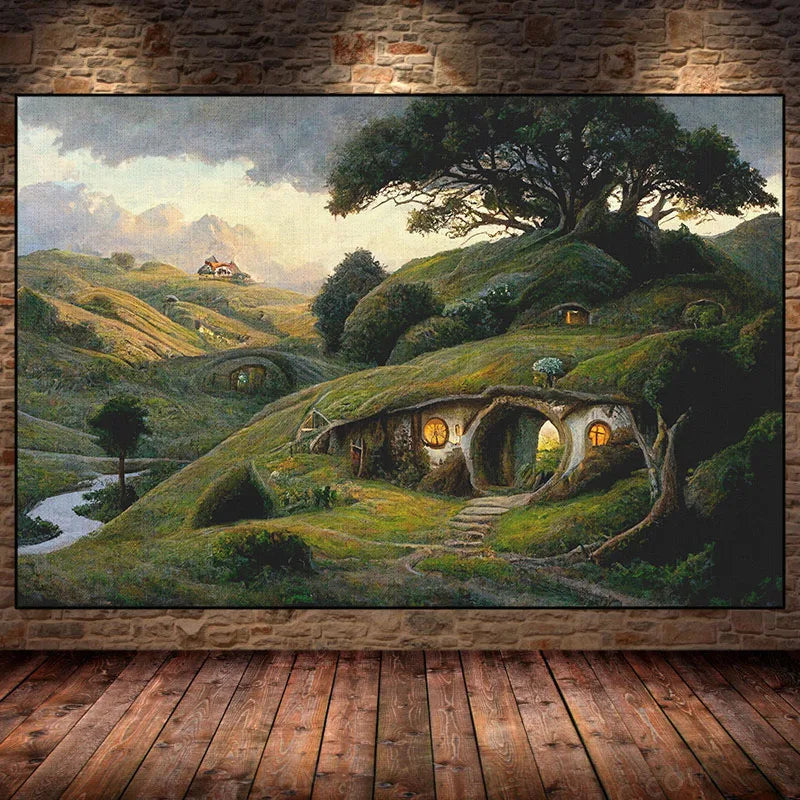 The S-Shire Canvas Painting H-Hobbit Hole Landscape Poster Cozy Earth  Halfling House Wall Art for Living Room Home Decor Mural