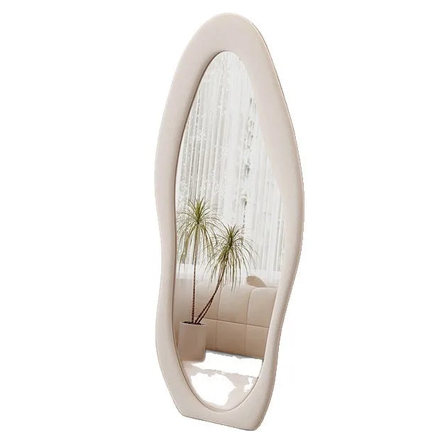 Influencer-style irregular full-length mirror for home bedroom, wall-mounted or freestanding, cream-colored try-on mirror