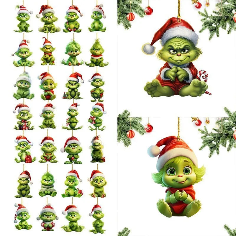 12pcs Whimsical Green Christmas Tree Ornaments - Acrylic Wooden Hanging Decorations For Holiday & Thanksgiving Home Decor