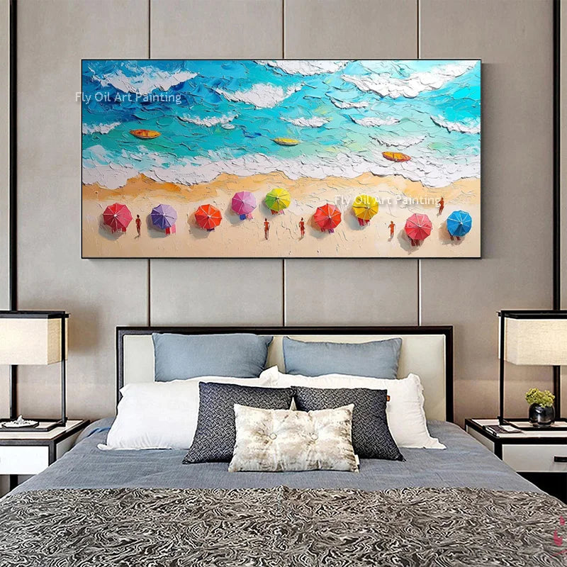Handpainted Blue Seascape Beige Beaches Canvas Thick Oil Painting New Design Colorful Beach Umbrella Artwork For Home Wall Decor