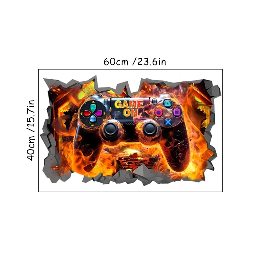 3D Broken Wall Hole Art Gamer Gamepad Vinyl Mural Stickers for Home Kids Room Boy Bedroom Play Zone Decoration Video Game Poster