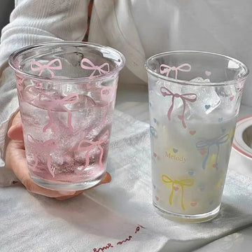 Ins Glass Cup Cute Bow Coffee Mug Milk Coffee Breakfast Cup Transparent Glass Cups Household Fruit Tea Lemonade Mug Gift