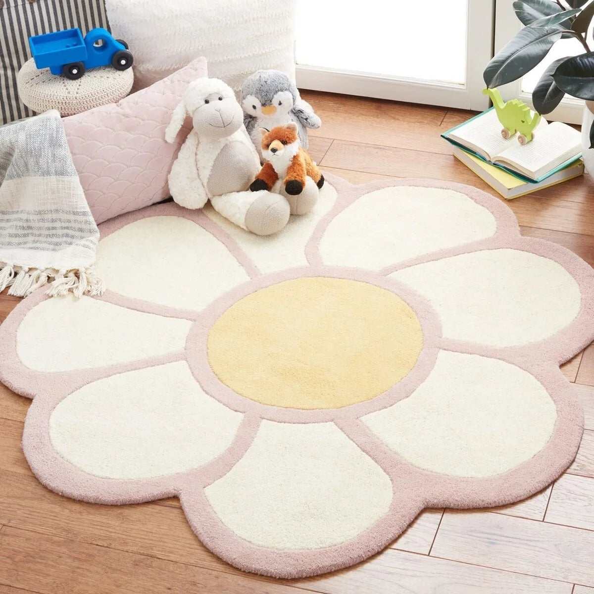 VIKAMA Small Fresh Simple Flowers Round  Imitation Cashmere Bedroom Non-Slip Carpet