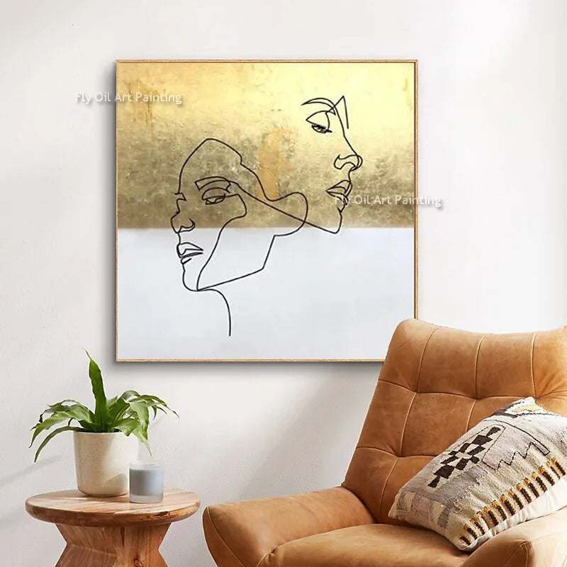 Handmade Golden Yellow And White Abstract Canvas Oil Painting New Design Black Lines People Face Wall Art Decor For Room