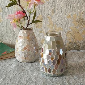 Pastel Mosaic Glass Vase for Hydroponic Pothos & Small Flowers - Modern Home/Office Desk Decor with Minimalist Artistry
