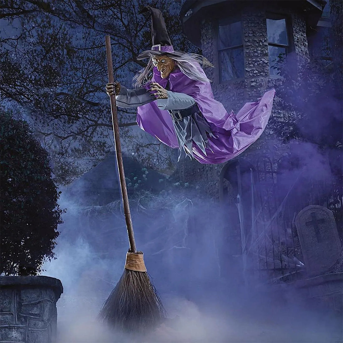 Spooky Halloween Decor Life Size Talking Witch Purple Outdoor Spooky Animatronic Witch Sound Activation Halloween Decoration