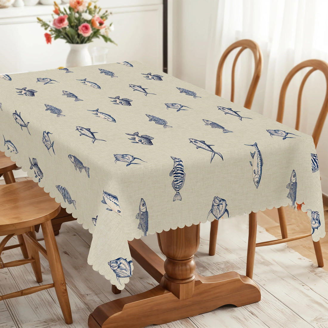 1pc Retro Fish Pattern Polyester Tablecloth with Scalloped Edge, Suitable for Home Kitchen Decor, Room Decoration