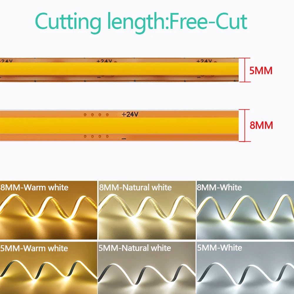 5mm 8mm PCB COB LED Strip Light 12V 24V Free Cut 400LEDs/M High Density Flexible Tape 2PIN Wire Home Decor Warm Natural White