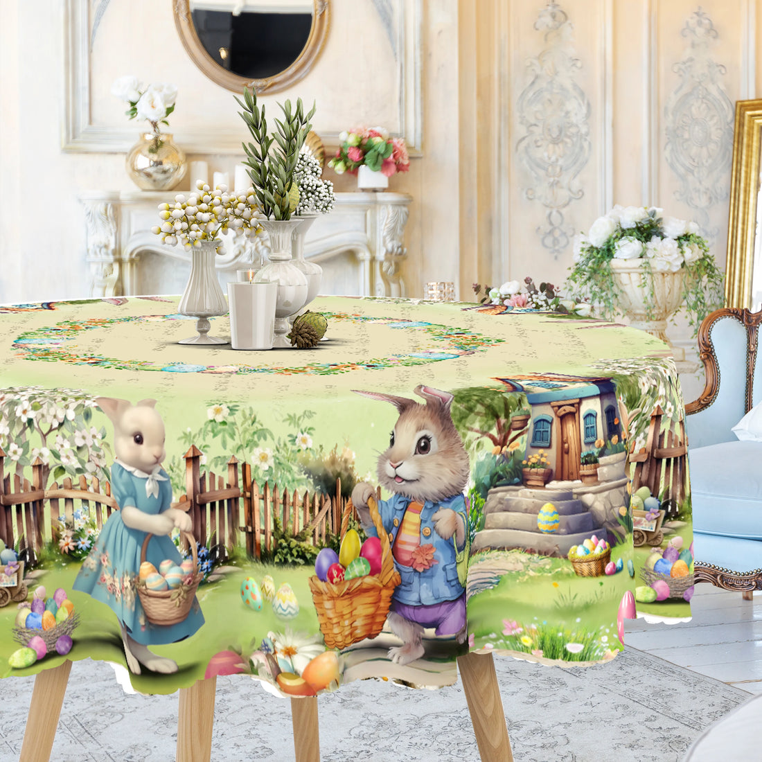 1 Piece, Easter-Themed Polyester Tablecloth + 4 Self-Adhesive Stickers, Warm Family Easter Egg Hunt Pattern with Peter Rabbit Around the Edges, Central Area Woven with Eggs and Flowers, Embossed Edges Suitable for Home Kitche