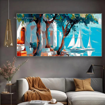 Modern Artwork Handmade Blue Seaside Landscape Oil Painting On Canvas New Design House By The Sea Wall Art Decor For Bedroom