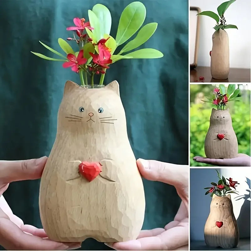 1 cute cat shaped resin vase with red heart - perfect for Valentine's Day and wedding decoration, perfect for hydroponic plants