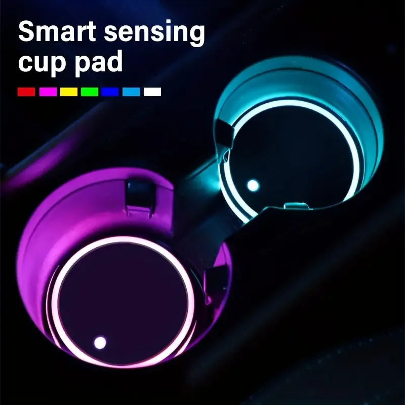 LED Car Cup Holder Lights USB Rechargeable Intelligent Sensor Atmosphere Pad with 7 Colors Changing for Interior Home Bar Use