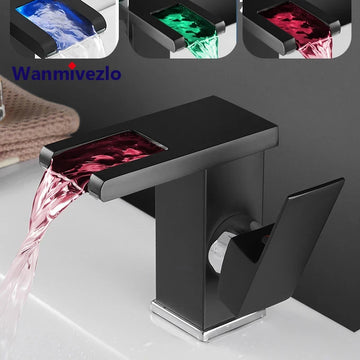 Bathroom Hydropower LED Waterfall Faucet Sink Basin Mixer Deck Mounted Solid Brass Water Power Basin Tap Luminous Washbasin Tap