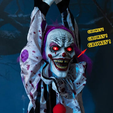 Halloween Hanging Clown Animated Decoration Glowing Eyes Creepy Sound Shaking Body Outdoor Haunted House Horror Prop 60 Inch