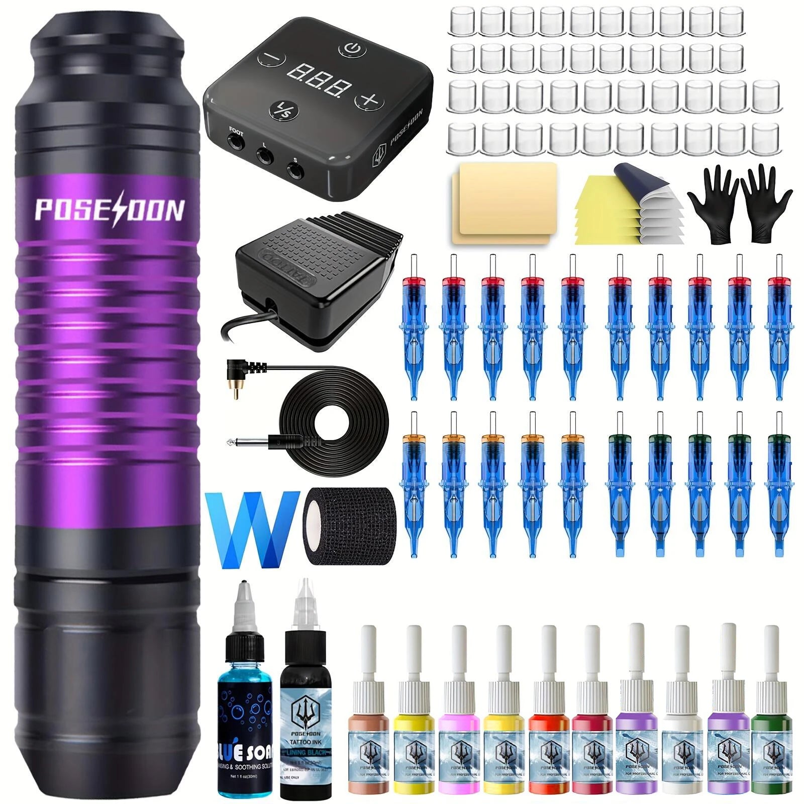 POSEIDON Tattoo Kit Purple Series Tattoo Machine Kit High Quality 20Pcs Tattoo Needles Wired Tattoo Power Supply Tattoo Pen Kit