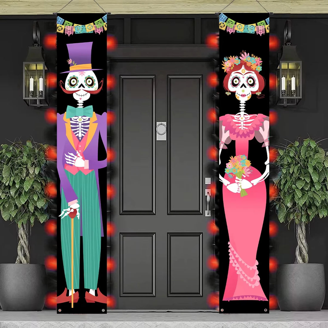 2pcs Day of The Dead Porch Sign Skull Hanging Door Banners Background Halloween Party Wall Decoration Hanging Wall Door Banner