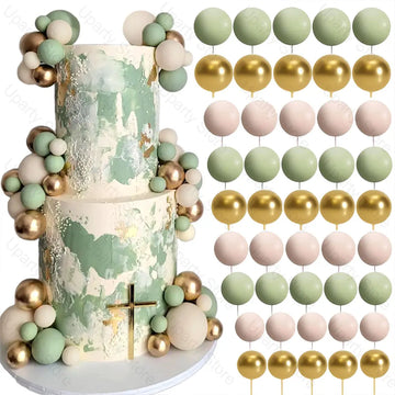 60 Pcs Balls Cake Toppers 2-4cm Metal Gold Beige Sage Green Cake Balls Cake Decorations for Birthday Baby Shower Wedding Decor