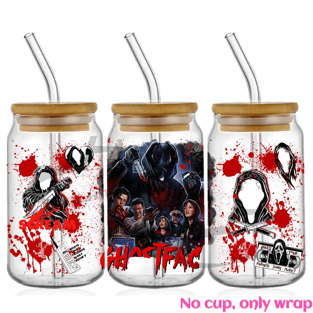 Halloween Movie Stickers 16oz UV DTF Cup Wrap Beer Glass Can Libbey DIY Sticker Scary Faces