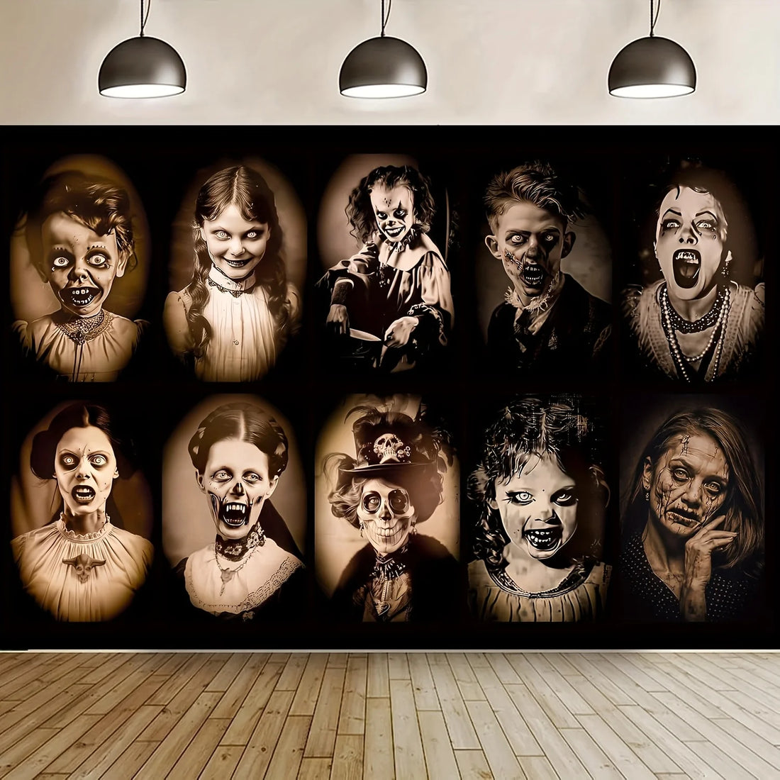 Halloween Gothic background cloth, 12 retro horror portrait and zombie makeup designs, polyester, suitable for event decoration