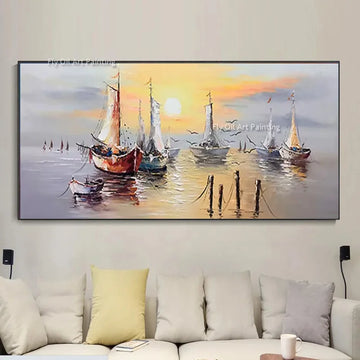 Modern Seasiden View Beautiful Venice Cityscape Canvas Oil Painting Handpainted Boats On The Sea Yellow Sunset Wall Art Decor