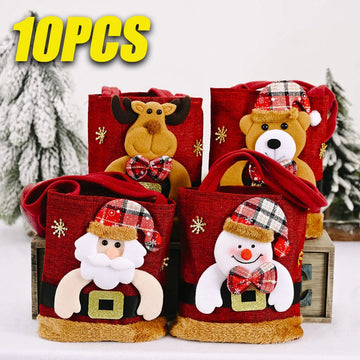 10PCS Christmas Tote Bag  Snowman Fawn Father Christmas Gift Bags  Children Candy Bags Storage Bags Christmas Decoration