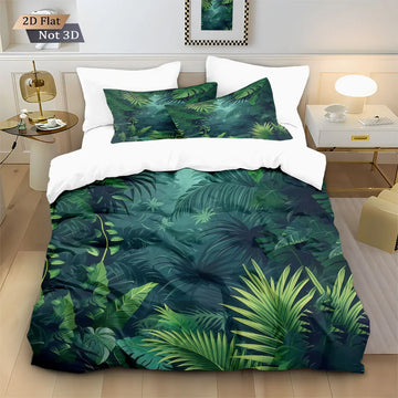 3pcs Green Plant Leaf Printed Down Duvet Cover Set, Multi Size Bedroom And Dormitory Bedding Decoration, Machine Washable