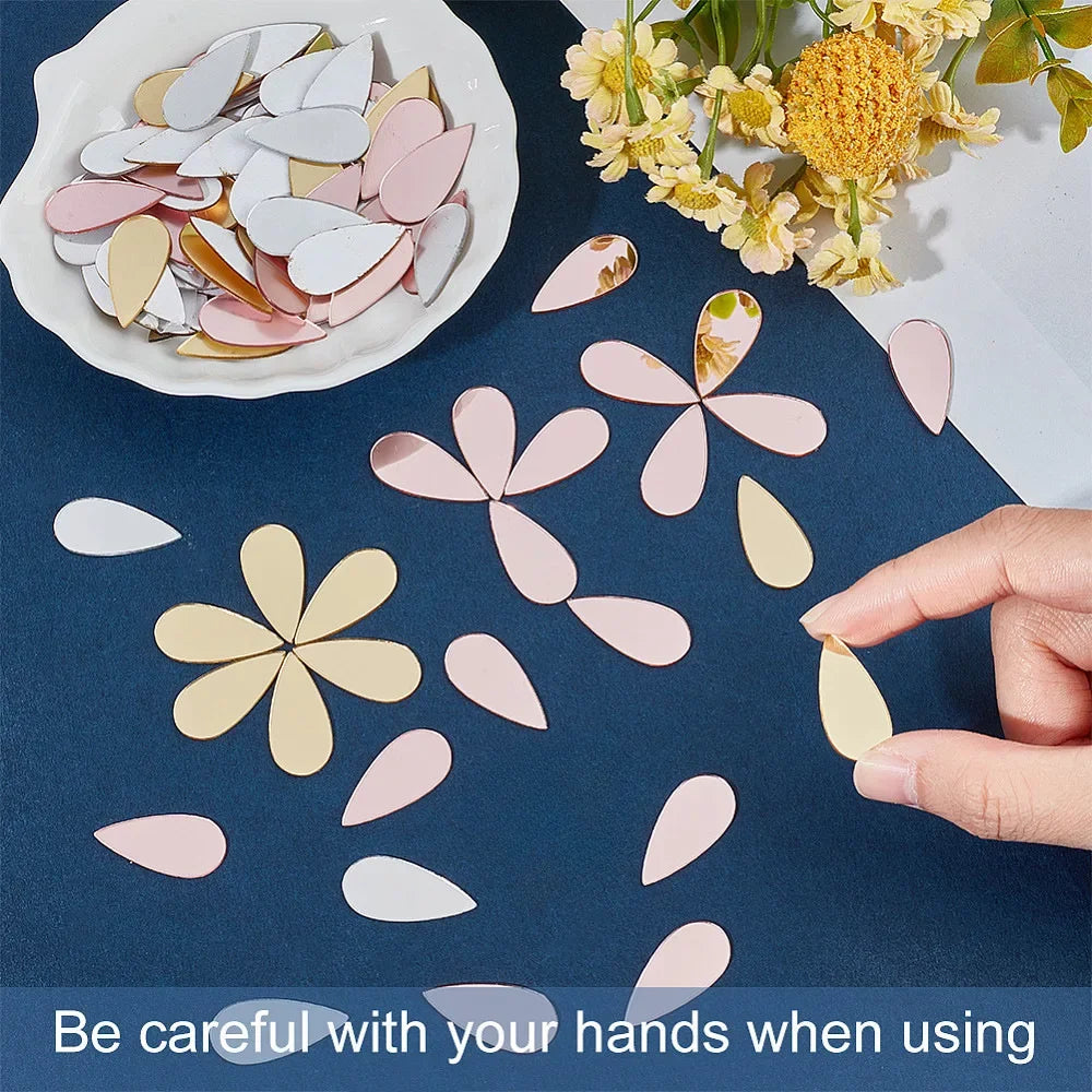 200pcs Leaf Mirror Stickers Acrylic Teardrop Shape Craft Self-adhesive Mini Mirror Tiles DIY Art Wall Door Home Decorations