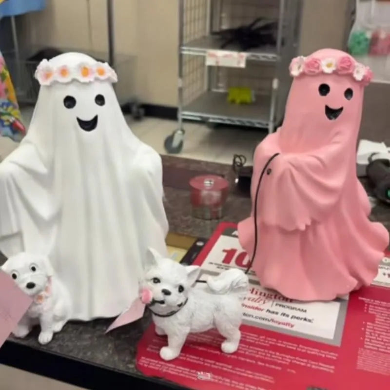 Cute Ghost With A Puppy Ghost Statue Small Halloween Decor for Home, Centerpiece for Coffee Table Adorable Horror Figure