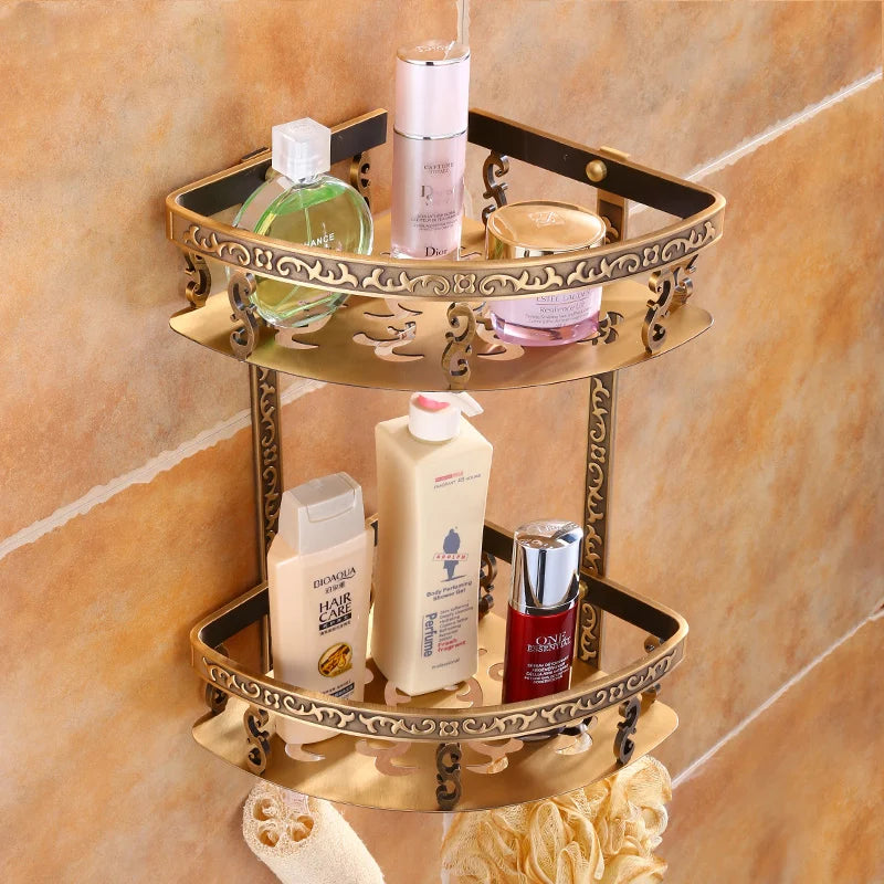 Antique Brass Aluminum Foldable Corner Rack Shelves Toilet Storage Bathroom Towel Holder Shelf with Hooks - Bathroom Accessories