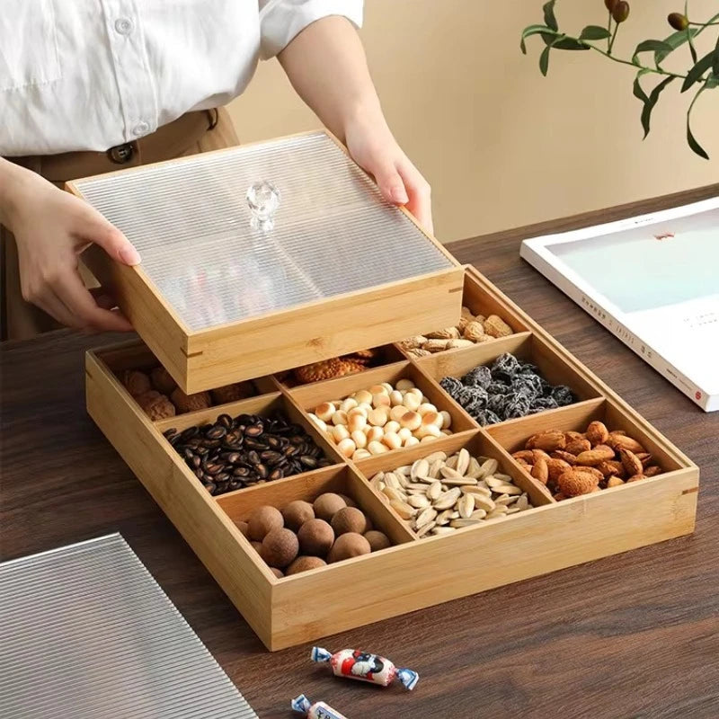 Bamboo Divide Grid Snack Tray Home Use with A Lid Moisture-proof Nut Tea Leaves Storage Box Pastry Tray Dried Fruit Box