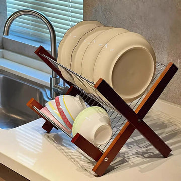 Retro Wood Dish Drain Shelf Foldable Storage Rack Desktop Stainless Steel Bowl Plate Water Cup Storage Kitchen Organizer Storage