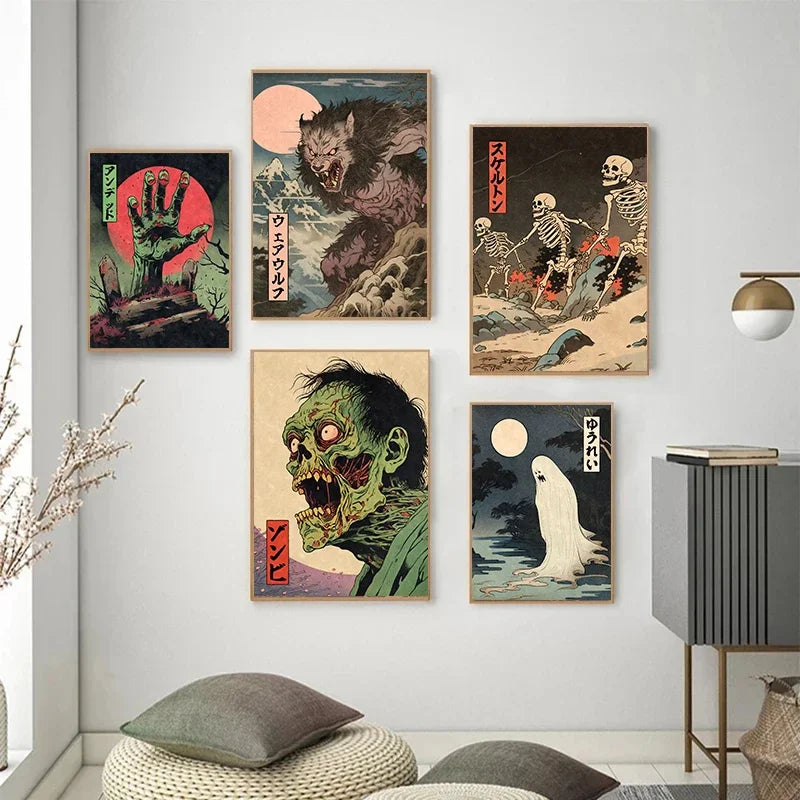 Creepy Japanese Ukiyo-e Print Spooky Ghost Yurei Obake Poster Skeletons Zombie Mummy Halloween Art Canvas Painting Home Decor