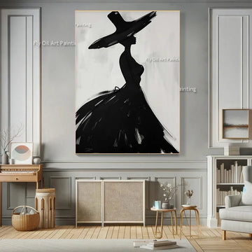Black White Abstract Elegance Women Oil Painting New Design Handmade Fashional Blue White Girl Portrait Wall Art Decor For Home