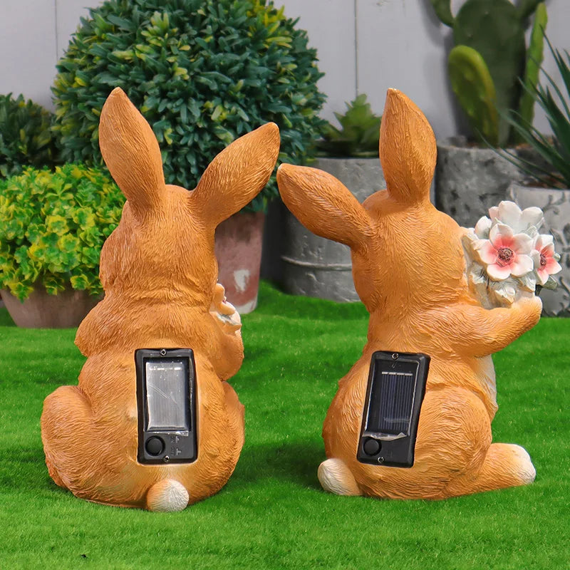 Rabbit Holding Bouquet with Solar-Powered Lamp Landscape Ornament Creative Outdoor Garden Lawn Resin Decorative Sculpture