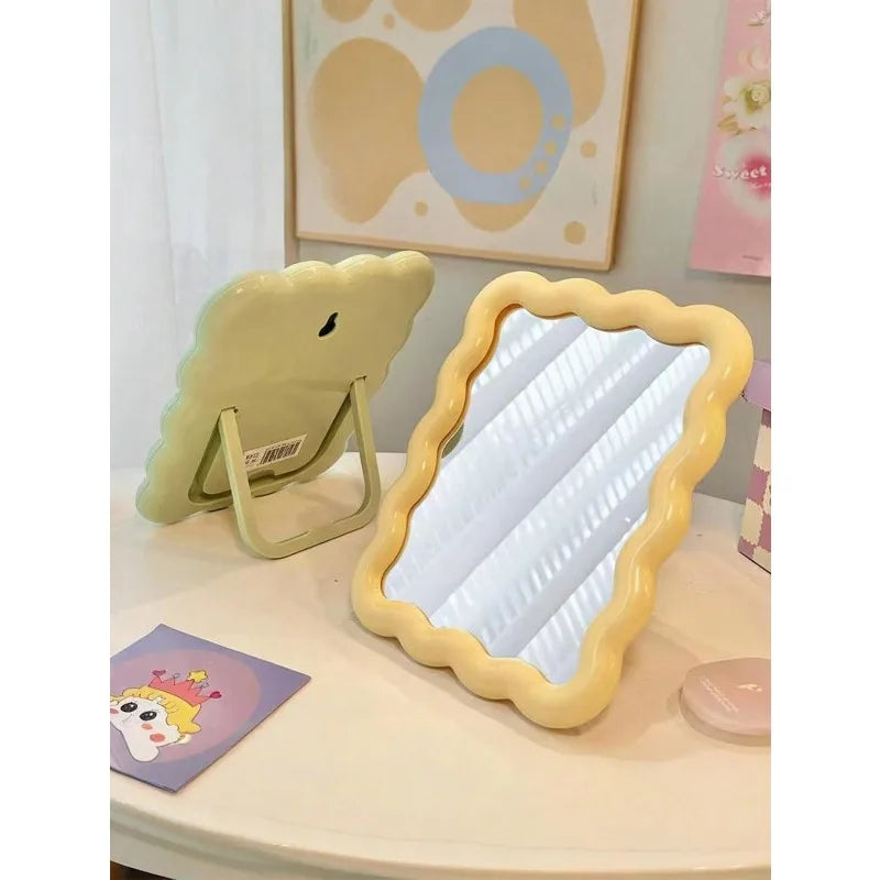 INS Style Cute Wavy Makeup Mirror Desktop Standable Wall Mounted Portable Carry on For Student Dorm Office Small Vanity