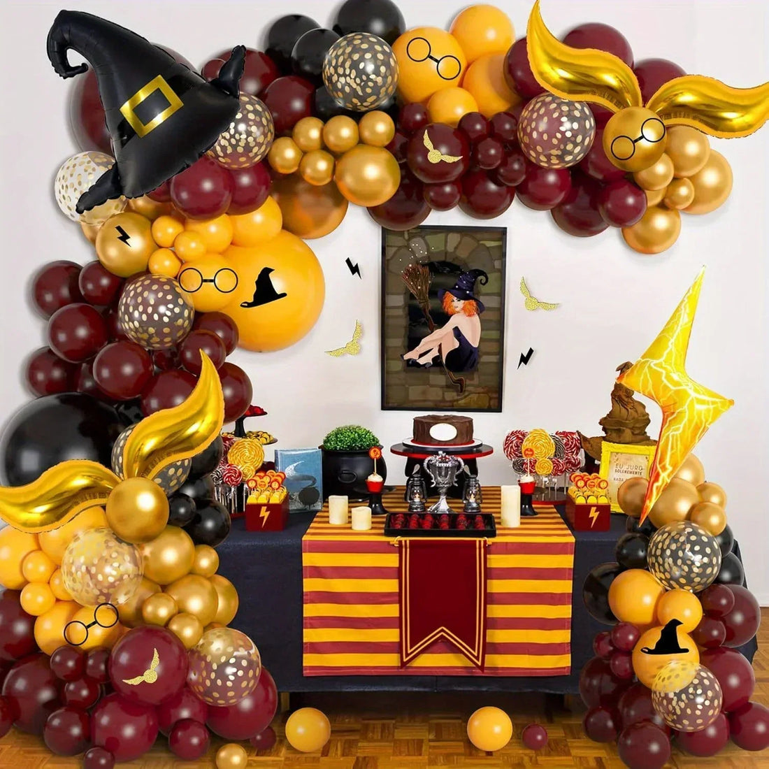 School of Magic Balloon Wreath Arch Kit 146PCS Balloon Snitch Wizard Hat Halloween Magic Themed Birthday Supplies Decorated