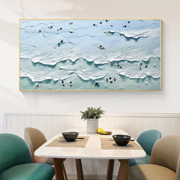 Blue White Summer Day People Swim In The Sea Canvas Oil Painting Handpainted Modern Seascape Wall Art Decor For Home As Gift