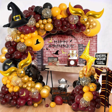 School of Magic Balloon Wreath Arch Kit 146PCS Balloon Snitch Wizard Hat Halloween Magic Themed Birthday Supplies Decorated