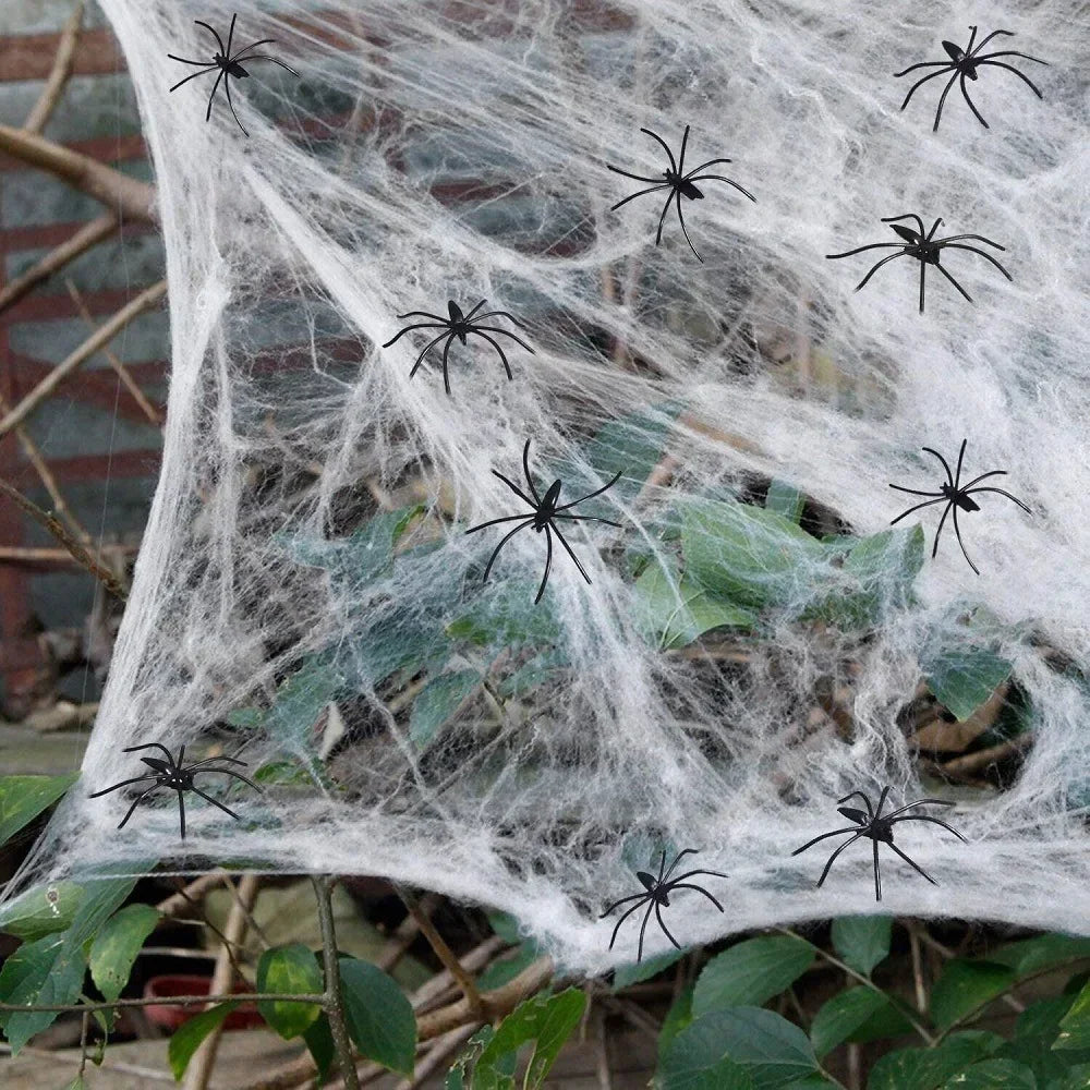 Halloween Elastic Spider Web with Spider Horror Haunted House Yard Scene Arrangement Halloween Party Faux Decorative Props 2025