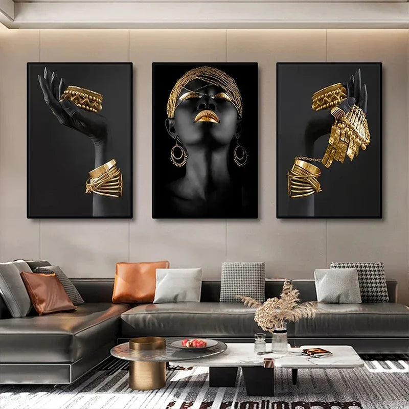 Silver Gold Color African Women Portrait Art Painting Canvas Print Poster Scandinavian Wall Art Picture for Living Room Decor