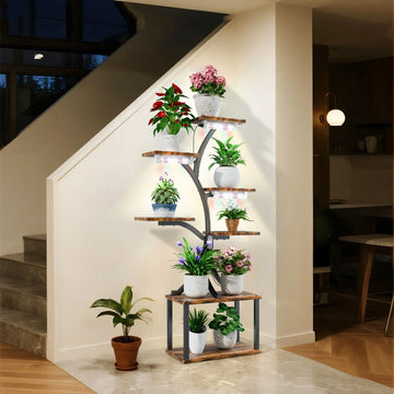 7 Tier Tree Shaped Plant Stand for Patio Living Room Metal Plant Flower Pot Display Holder with Lights