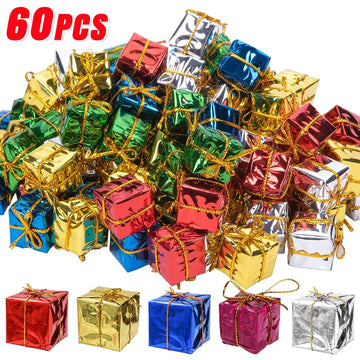 60/6Pcs Mini Xmas Ornaments Gifts Boxes Shiny Foil Wrapped Gift Boxes Xmas Tree Hanging Pendants For Navidad Party Decorations