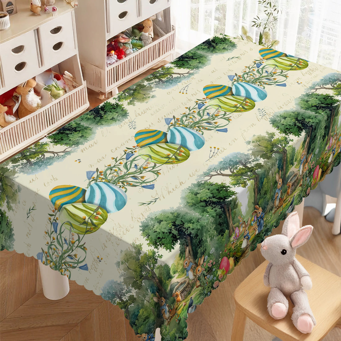 Fairy-Tale Easter Bunny Tablecloth, Cute and Playful Rabbits, Pigeons, Easter Eggs, Lush Green Forest, Vibrant Floral Prints, Multiple Size Options, Embossed Edges, Waterproof, Wrinkle-Resistant, Fade-Resistant, Round and Rec