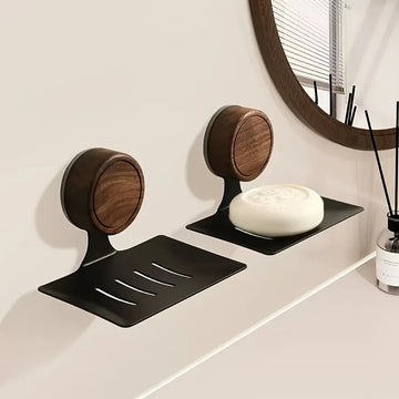 Walnut Wood Wall Mounted Soap Dish Holder - Creative No Drill Bathroom Soap Box with Drainage Hanging Hook for Shower