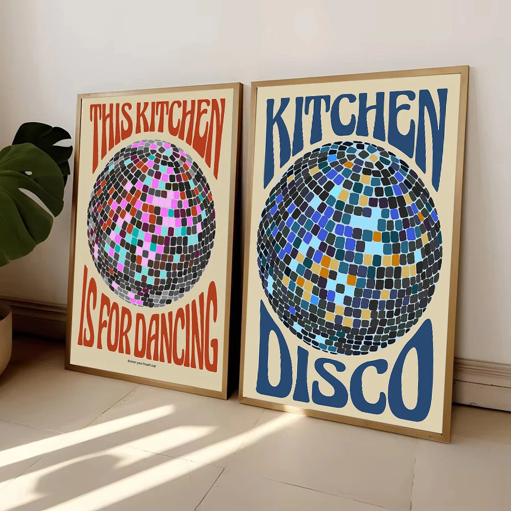 This Kitchen Is for Dancing Posters Colourful Disco Ball Art Canvas Painting Prints Funny Quote Trendy Wall Pictures Home Decor